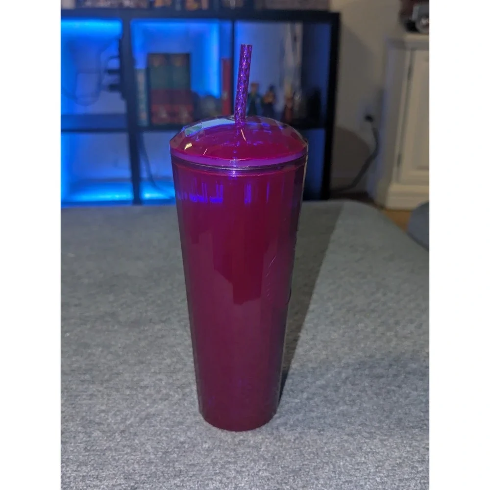 Starbucks Tumbler April 2021 Tall Purple Cold Cup Blue Edge Glow Dome Lid 24 oz